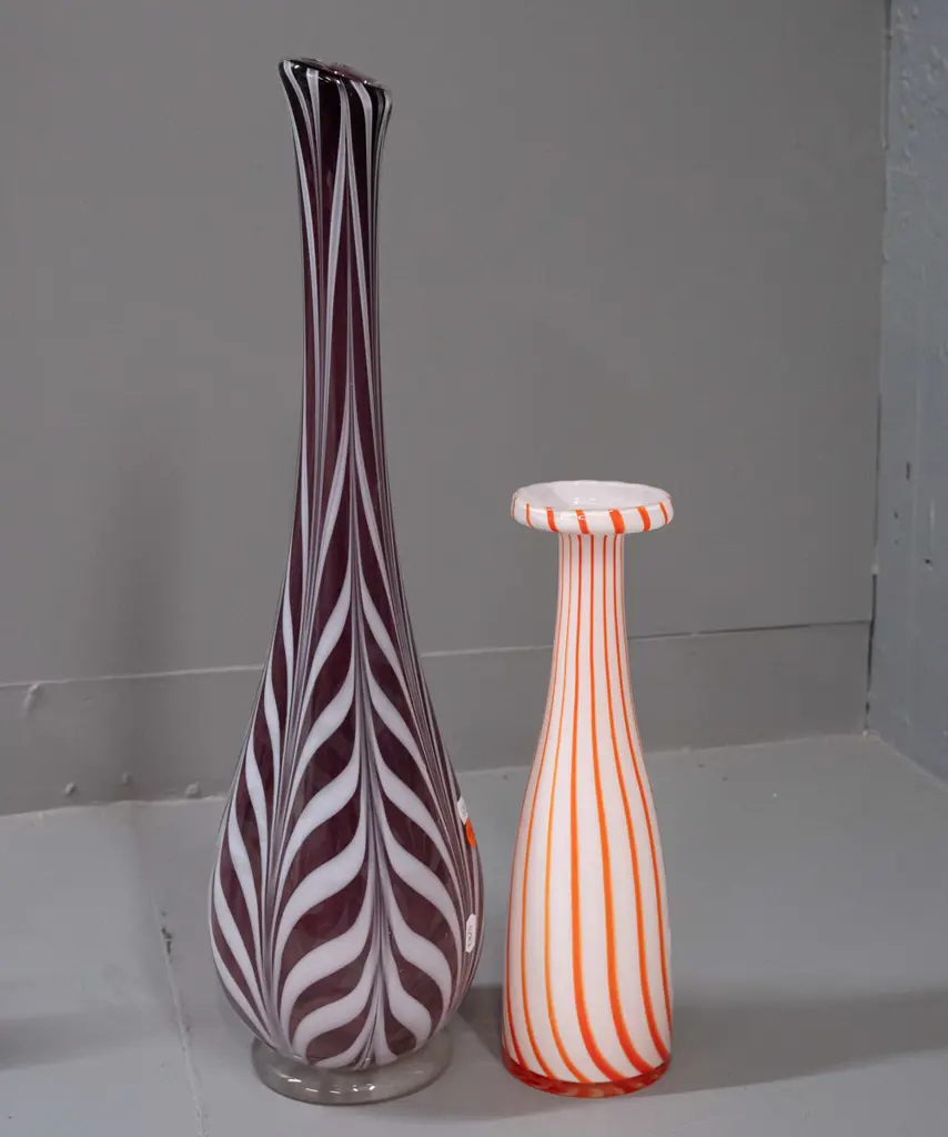 2 art glass vases with with orange swirls and amethyst & white over clear base H-470 Image 1++
