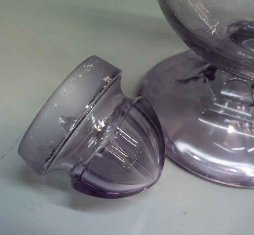 large amethyst glass footed lolly jar with apothecary style stopper - some chipping around edge of stopper, some wear & Image 1++