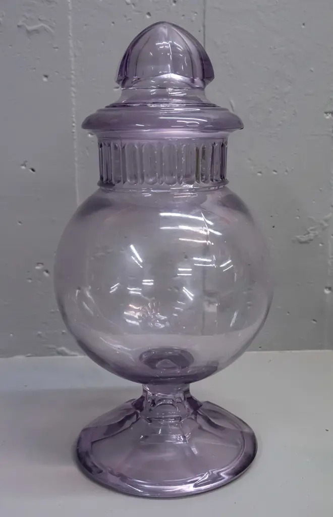 large amethyst glass footed lolly jar with apothecary style stopper - some chipping around edge of stopper, some wear & Image 1++