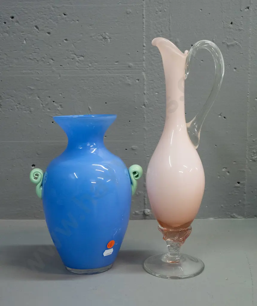 2 pieces of art glass - blue vase with green scroll handles and a pink over white jug with twisted handle and stem H-350 Image 1++