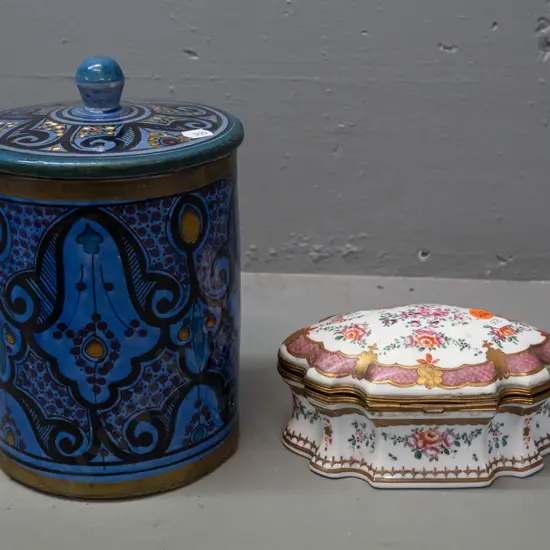 French porcelain jewellery casket with gold metal decoration, painted floral decoration inside and out, and a Moroccan