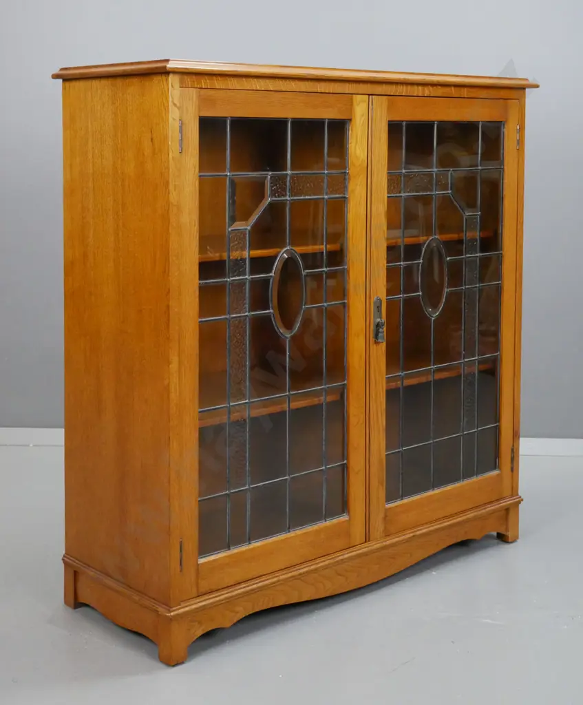 1940s vintage oak 2-door leadlight cupboard with 2 fixed timber shelves, drop handle, lockable, with key H990 W960 D355 Image 1++