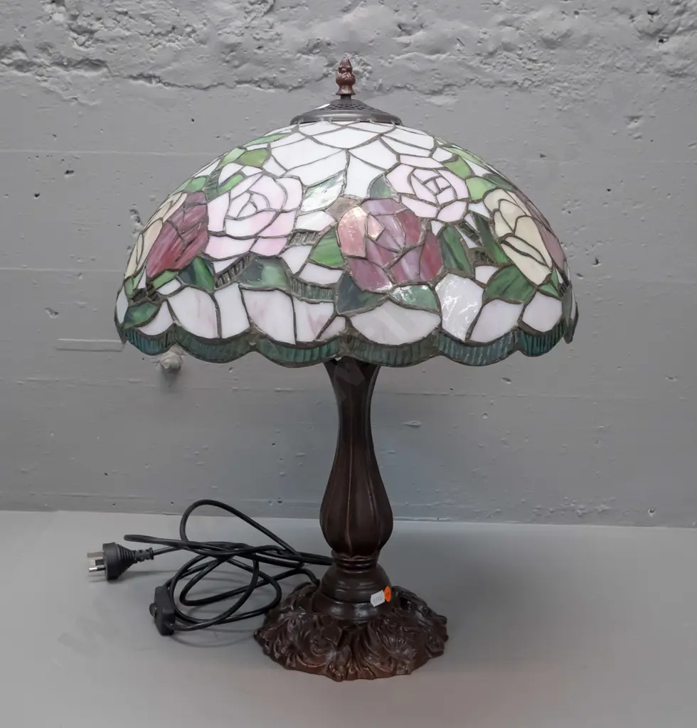 reproduction Tiffany style leadlight table lamp with cast metal bronze-finish base, rose pattern shade H-550 Shade D-400 Image 1++