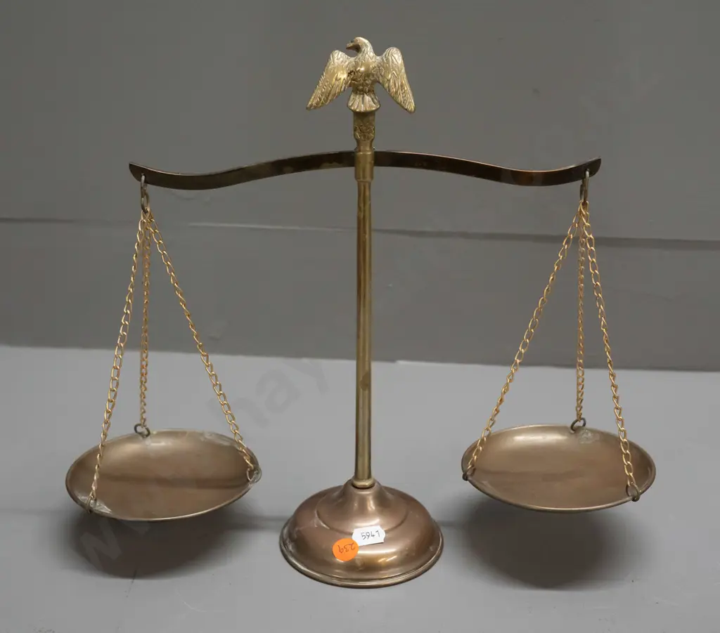 pair of ornamental brass balance scales with eagle finial - marked Made in Hong Kong H-280 W-320 Image 1++