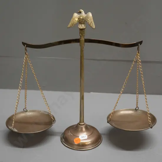 pair of ornamental brass balance scales with eagle finial - marked Made in Hong Kong H-280 W-320