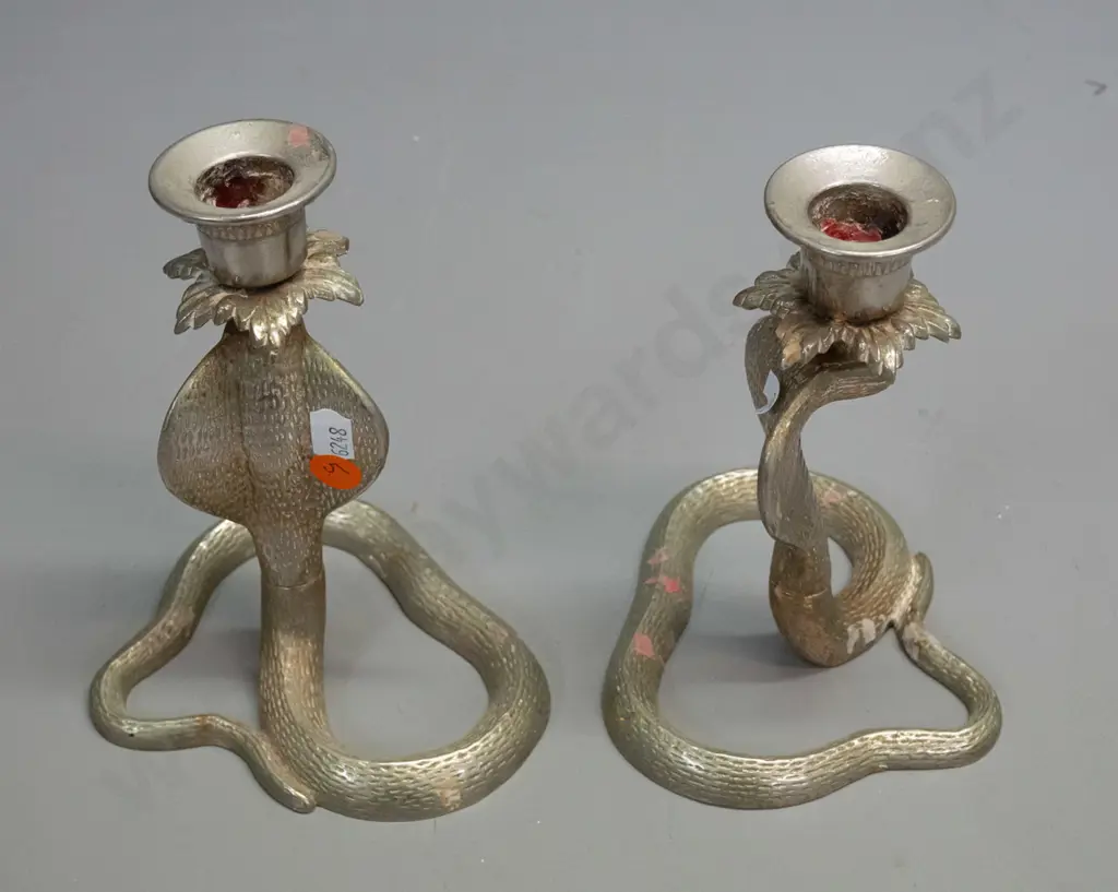 pair of cast metal cobra candlesticks H-170 W-120 Image 1++