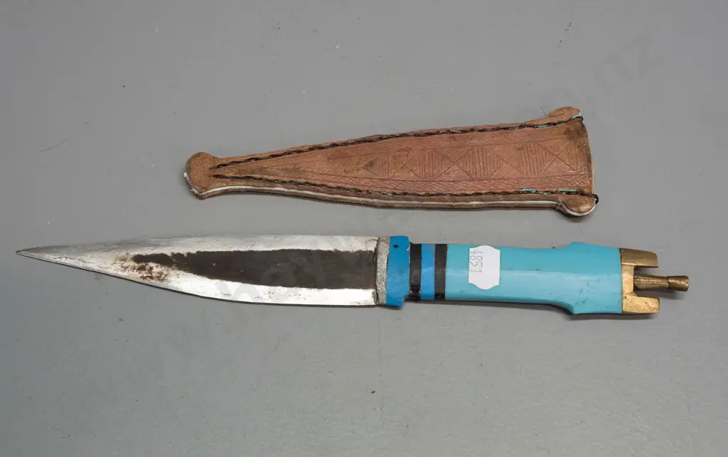 small Somali? knife with leather sheath, brass handle, white metal hilt, pair of female Afghan nomads shoes L235, horse Image 1++