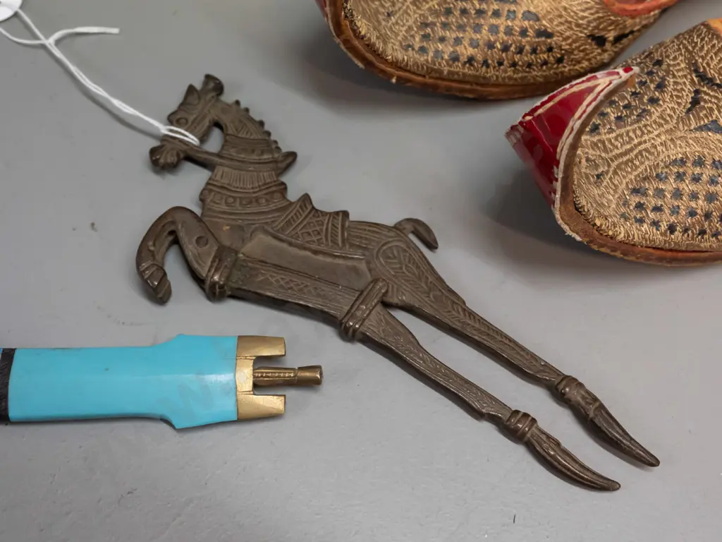 small Somali? knife with leather sheath, brass handle, white metal hilt, pair of female Afghan nomads shoes L235, horse Image 1++