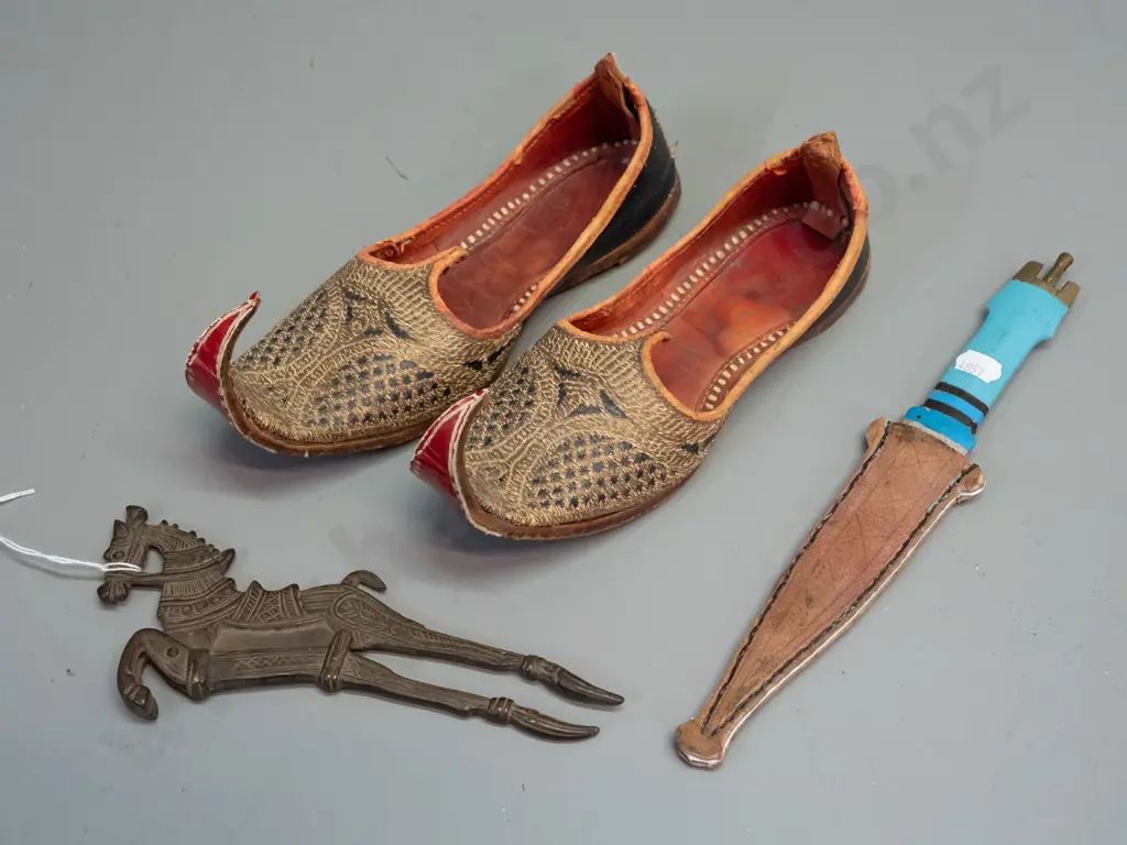 small Somali? knife with leather sheath, brass handle, white metal hilt, pair of female Afghan nomads shoes L235, horse Image 1++