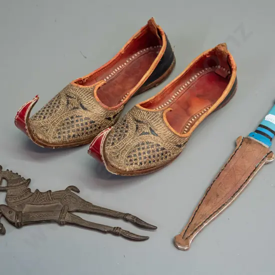 small Somali? knife with leather sheath, brass handle, white metal hilt, pair of female Afghan nomads shoes L235, horse