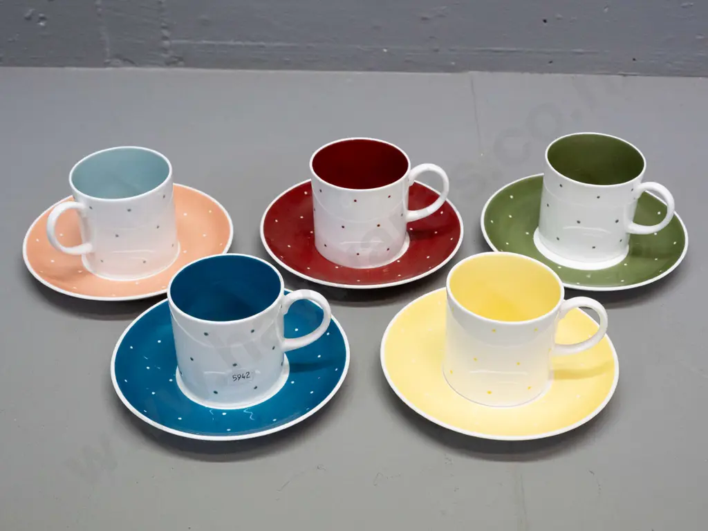 5 Susie Cooper mixed colour polka dot demi-tasse cups & saucers - one is odd colour match Image 1++