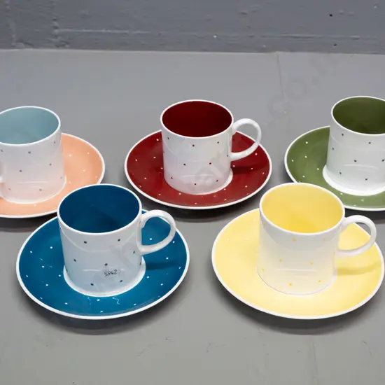 5 Susie Cooper mixed colour polka dot demi-tasse cups & saucers - one is odd colour match