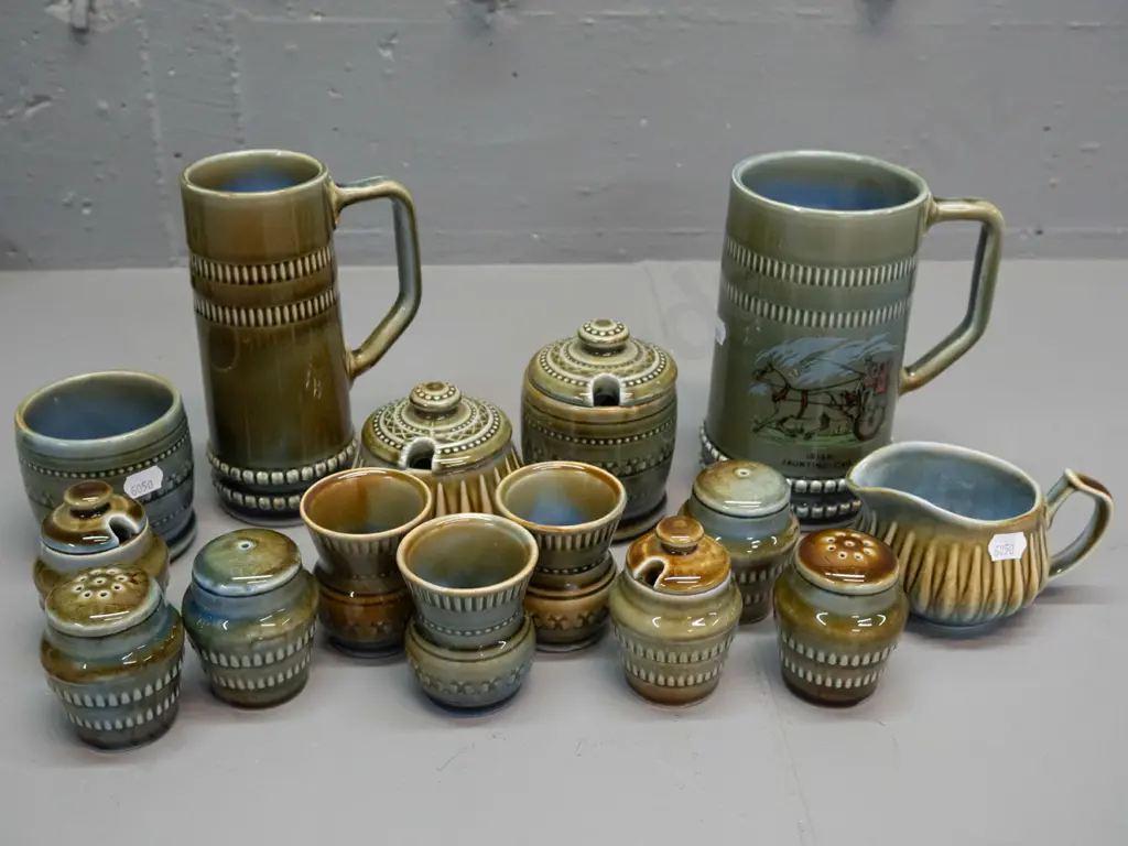 assorted Wade Irish porcelain - two 3-piece condiments, 3 egg cups, cream jug and lidded sugar bowl, etc. Some items are Image 1++