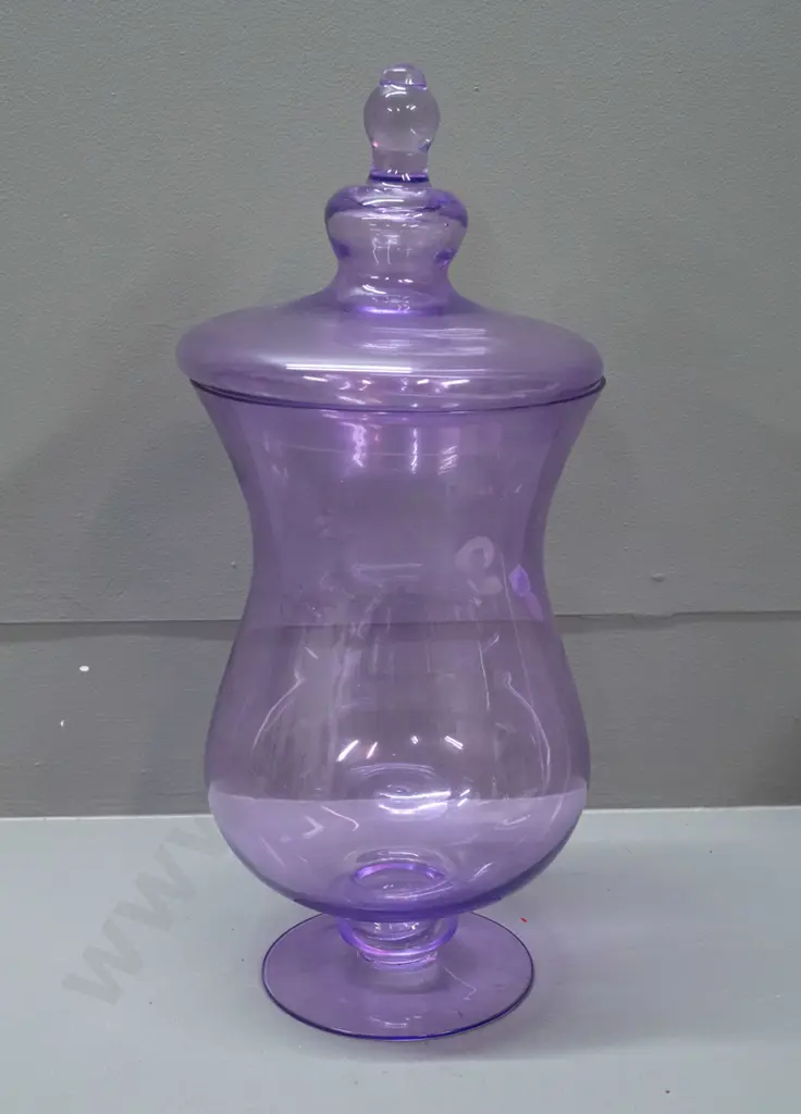 retro lavender glass lidded footed jar - a few tiny nicks around rim H-380 Image 1++