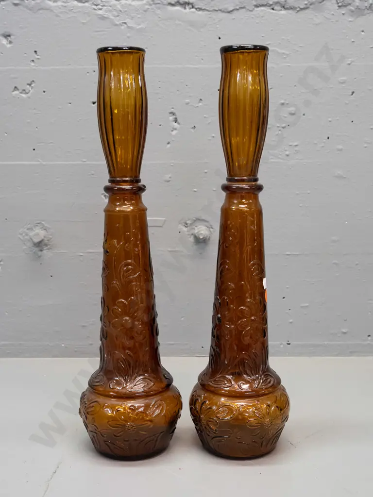 pair of retro moulded amber glass stoppered bottles - marked DABS Portugal on base. One has chip to rim, other has small Image 1++