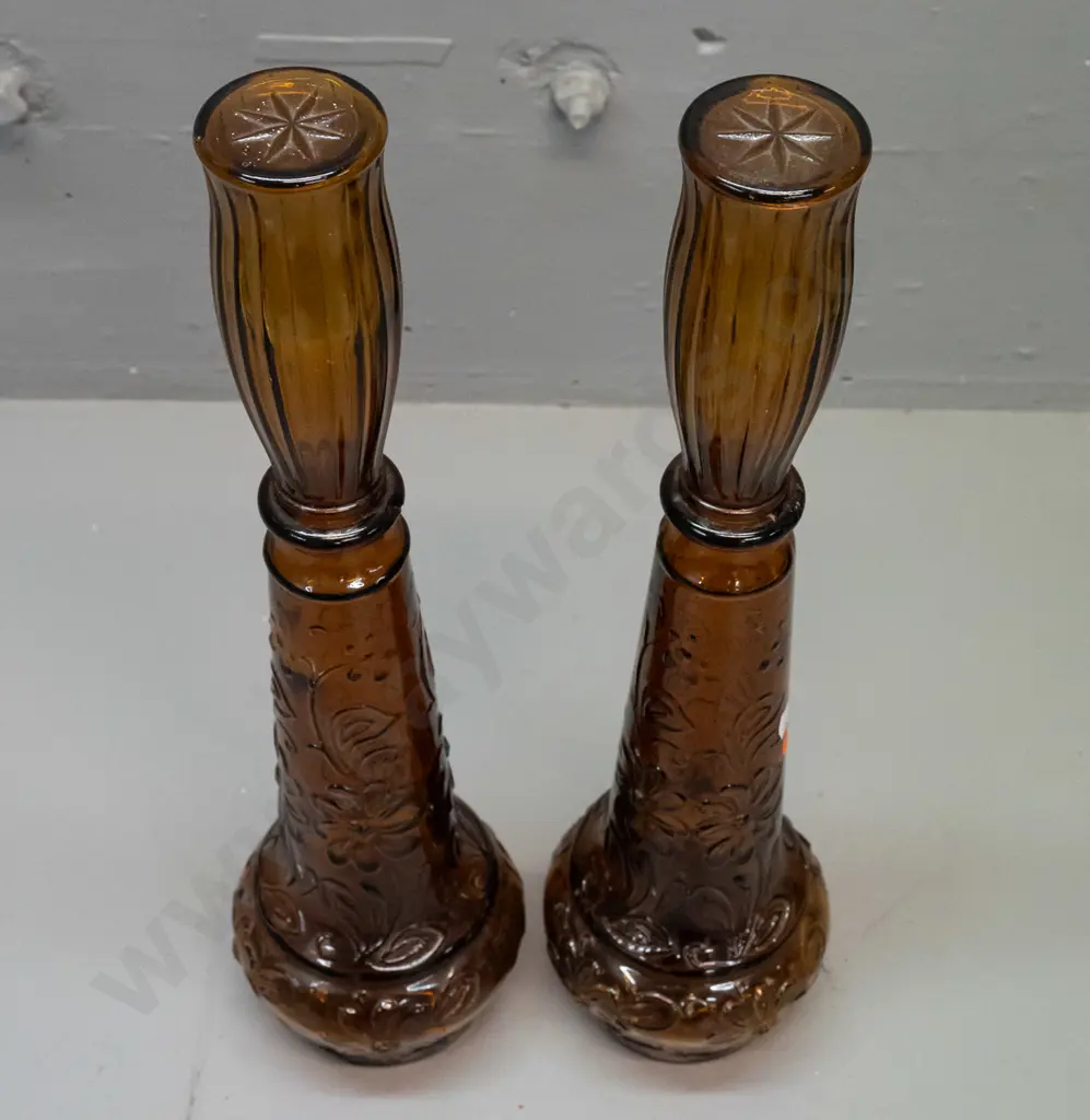 pair of retro moulded amber glass stoppered bottles - marked DABS Portugal on base. One has chip to rim, other has small Image 1++