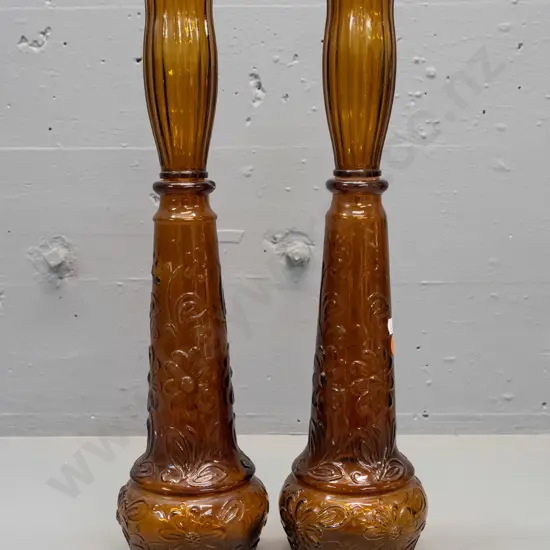 pair of retro moulded amber glass stoppered bottles - marked DABS Portugal on base. One has chip to rim, other has small