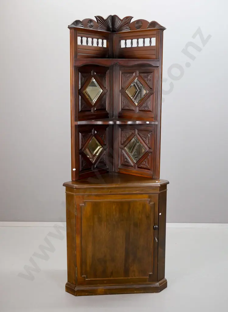 mixed timber corner cupboard with ornately carved top section on more modern base - top has shaped and turned top, Image 1++