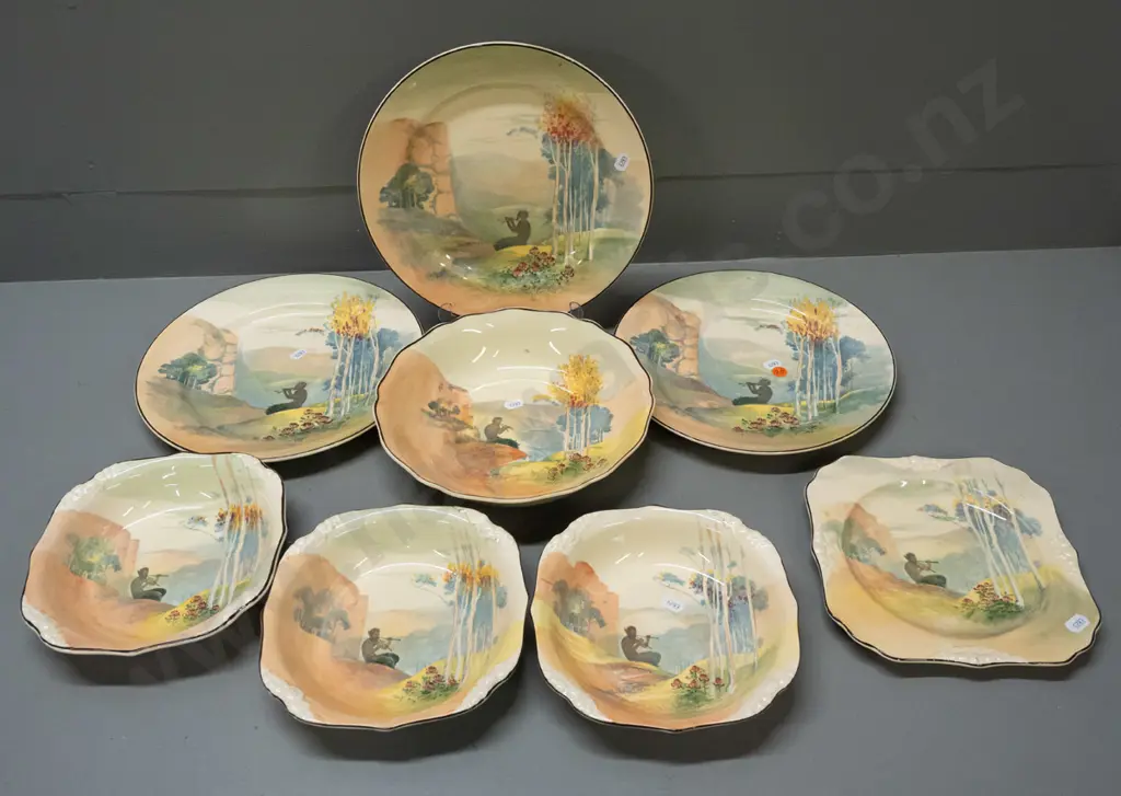Royal Doulton "Pipes of Pan" pattern china - 3 plates, 3 bowls, fluted edge large bowl and smaller plate. One larger Image 1++