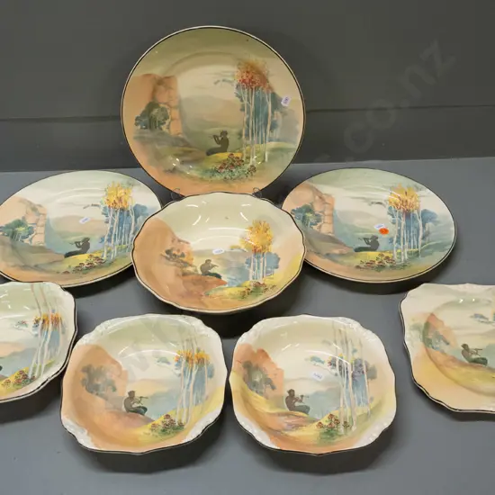 Royal Doulton "Pipes of Pan" pattern china - 3 plates, 3 bowls, fluted edge large bowl and smaller plate. One larger