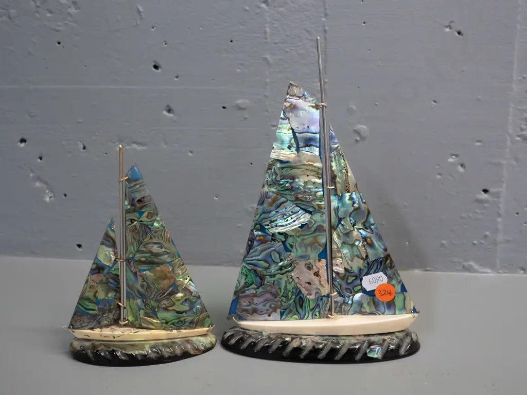 2 retro paua shell, acrylic & composite ornamental yachts - larger one H-220 L-150 Image 1++