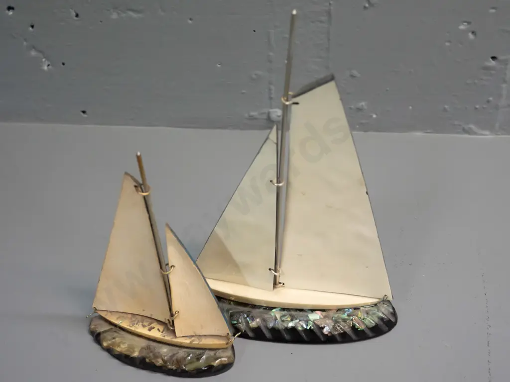 2 retro paua shell, acrylic & composite ornamental yachts - larger one H-220 L-150 Image 1++