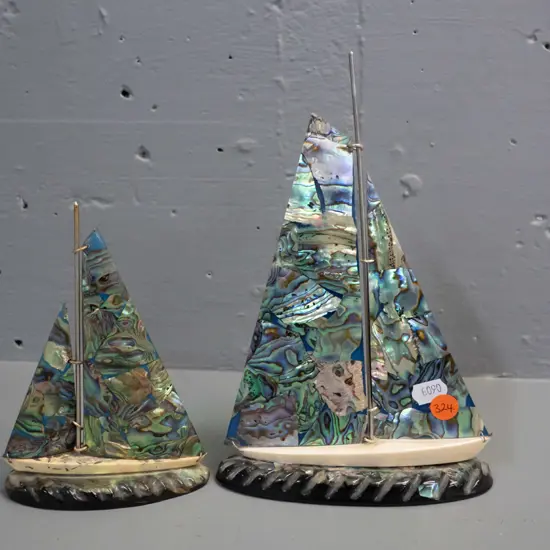 2 retro paua shell, acrylic & composite ornamental yachts - larger one H-220 L-150