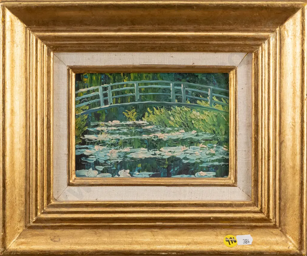 small gilt framed oil on board - bridge and water lilies H-110 W-160 Image 1++