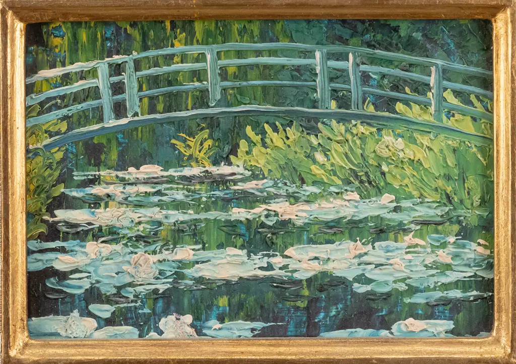 small gilt framed oil on board - bridge and water lilies H-110 W-160 Image 1++