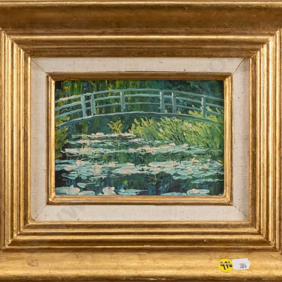 small gilt framed oil on board - bridge and water lilies H-110 W-160