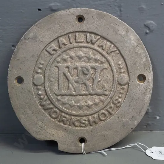 NZR Railway Workshops cast metal plaque / carriage king pin cover plate - has notch cut out or broken off D-165