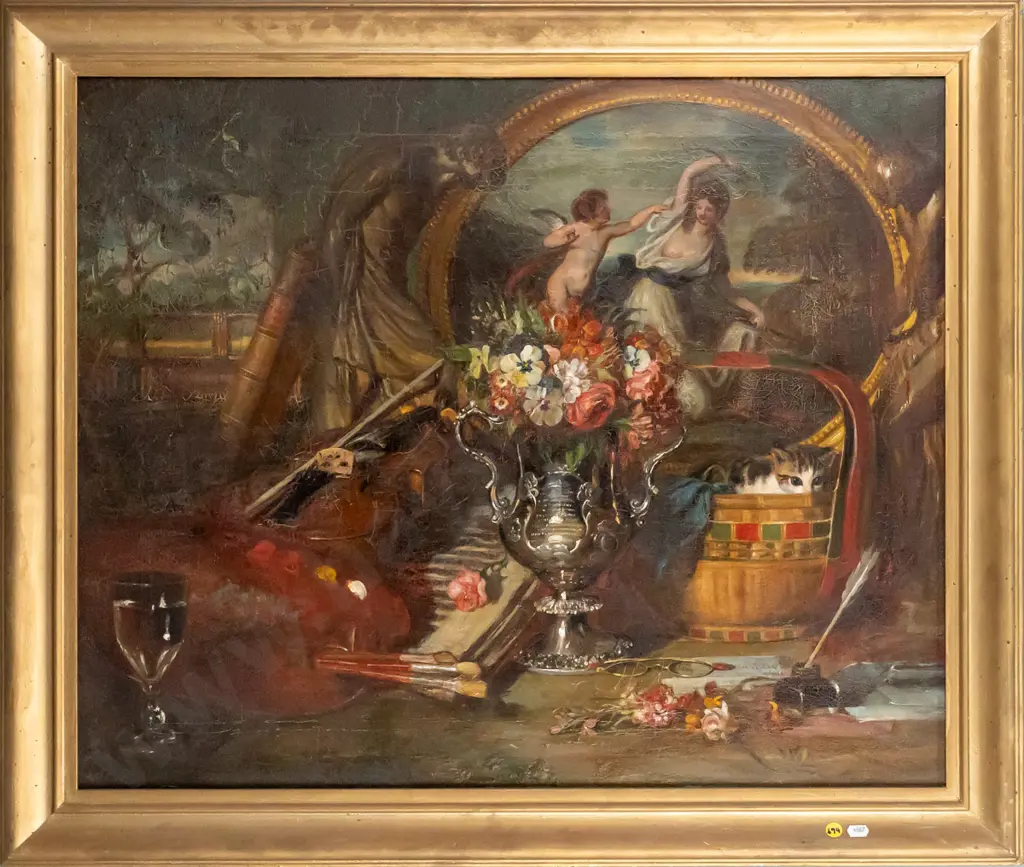 gilt framed oil on canvas - still life scene H-600 W-730 (ageing to paint) Image 1++