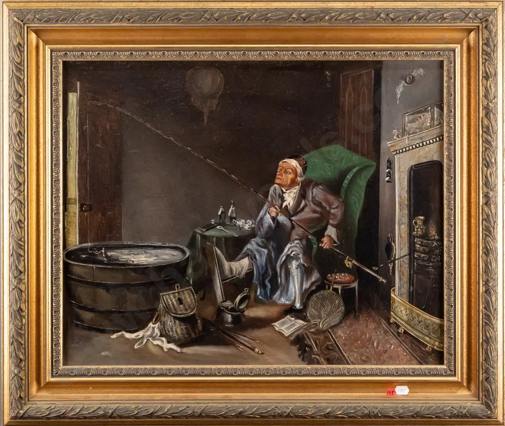 gilt framed oil - man with fishing rod by fire (aging to paint) H-400 W-490 Image 1++