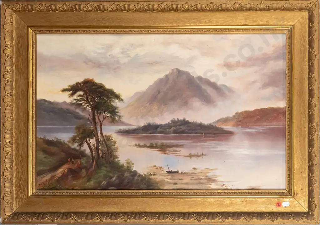 KS -  gilt framed colonial oil on board - lake and mountain scene H-370 W-600 (some borer in back of frame) Image 1++