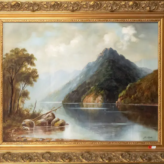 Jos Kivits - gilt framed colonial oil on board - lake and mountain scene H-450 W-580
