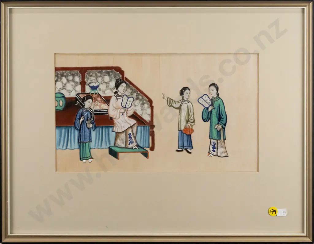framed Chinese watercolour on rice paper - group of women H-180 W-350 (slight foxing) Image 1++