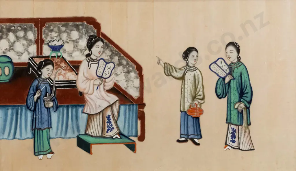 framed Chinese watercolour on rice paper - group of women H-180 W-350 (slight foxing) Image 1++