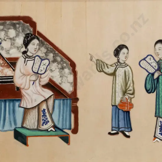 framed Chinese watercolour on rice paper - group of women H-180 W-350 (slight foxing)