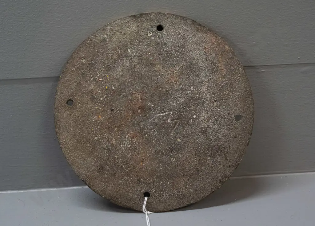 small cast brass NZR Railway Workshops king bolt cover plaque - some discolouration / corrosion D-165 Image 1++