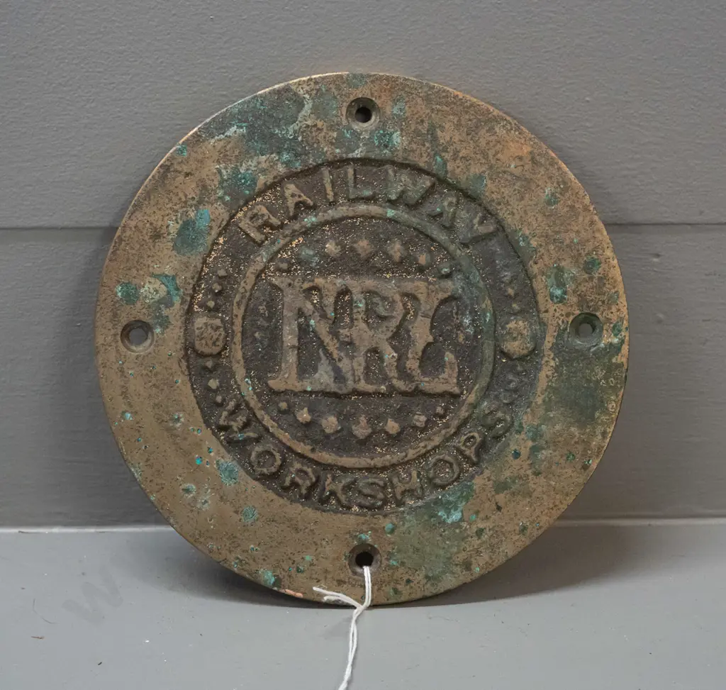 small cast brass NZR Railway Workshops king bolt cover plaque - some discolouration / corrosion D-165 Image 1++