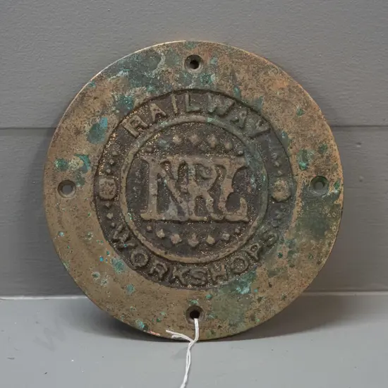 small cast brass NZR Railway Workshops king bolt cover plaque - some discolouration / corrosion D-165