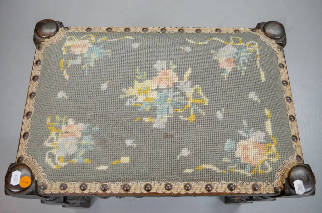 vintage oak tapestry top stool with turned stretchers, turned legs w/block feet. Some borer, some wear & stains to top. Image 1++