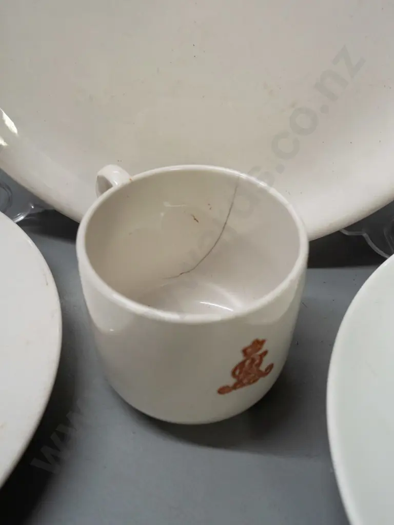 New Zealand Railways logo crockery - Crown Lynn large plate D260, small plate, and mug, Adams bowl - all with some Image 1++