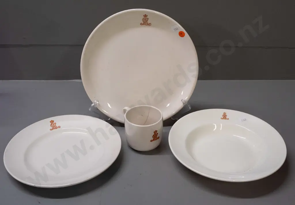 New Zealand Railways logo crockery - Crown Lynn large plate D260, small plate, and mug, Adams bowl - all with some Image 1++