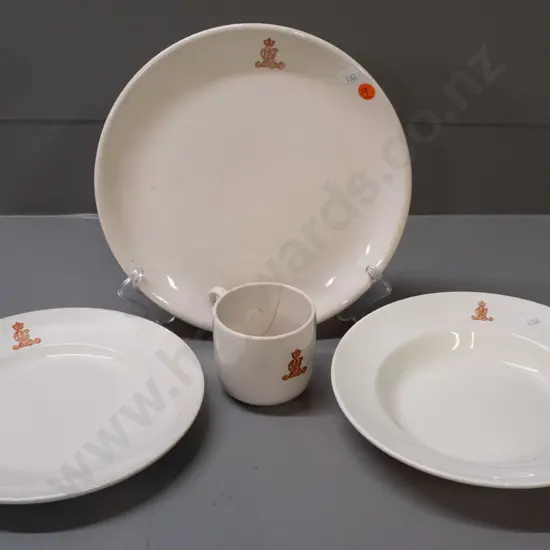 New Zealand Railways logo crockery - Crown Lynn large plate D260, small plate, and mug, Adams bowl - all with some