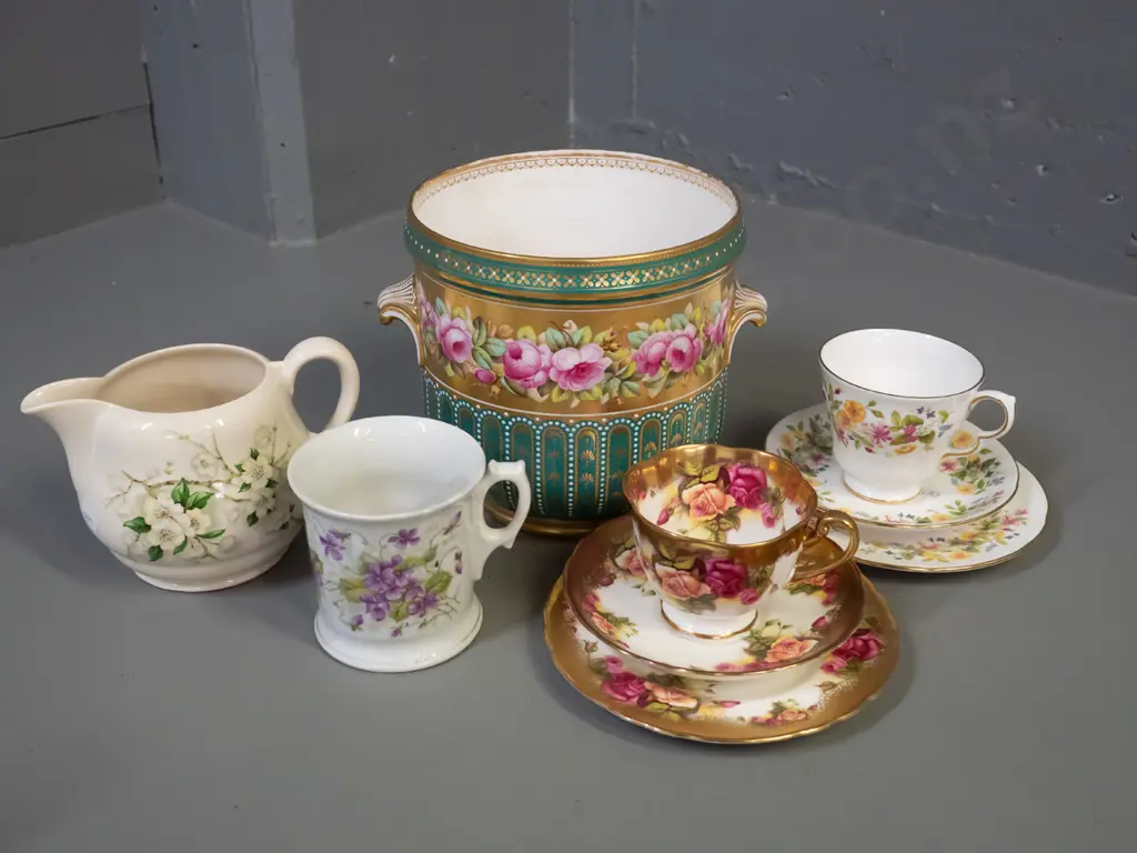 vintage Copeland ice bucket / jardiniere, Colclough and Royal Chelsea trios, Clarice Cliff Blossom Time jug and a floral Image 1++