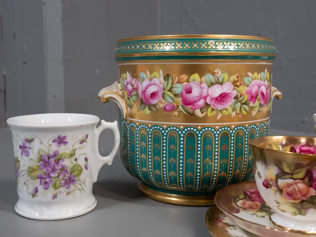 vintage Copeland ice bucket / jardiniere, Colclough and Royal Chelsea trios, Clarice Cliff Blossom Time jug and a floral Image 1++