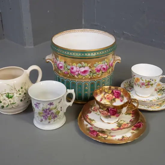 vintage Copeland ice bucket / jardiniere, Colclough and Royal Chelsea trios, Clarice Cliff Blossom Time jug and a floral