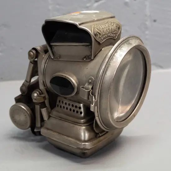 vintage Lucas' Silver King Birmingham bicycle lamp with red and green cut glass side lenses - one lug mount is broken,