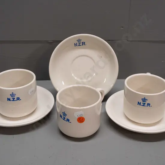 New Zealand Railways logo Crown Lynn crockery - 3 mugs & saucers - staining, chips and cracks